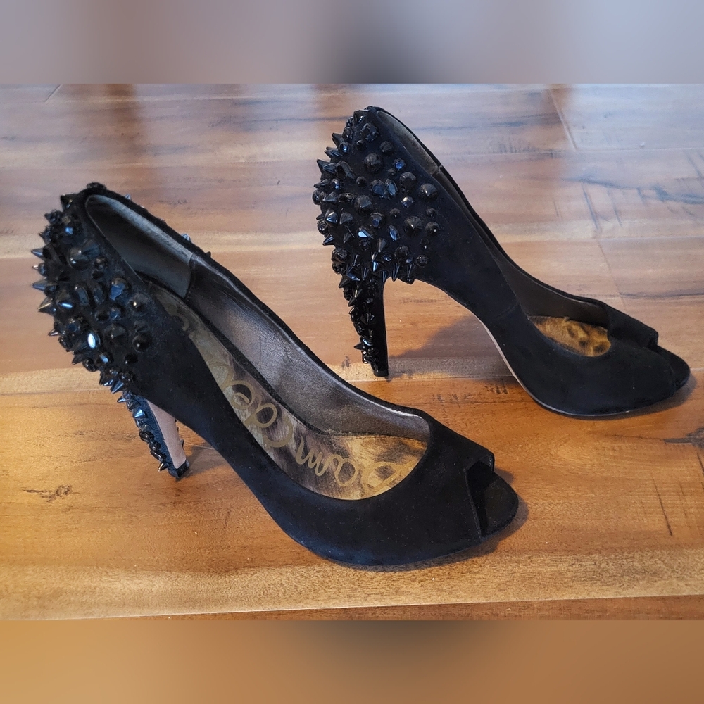 Sam Edelman Black Studded Peep-Toe Heels